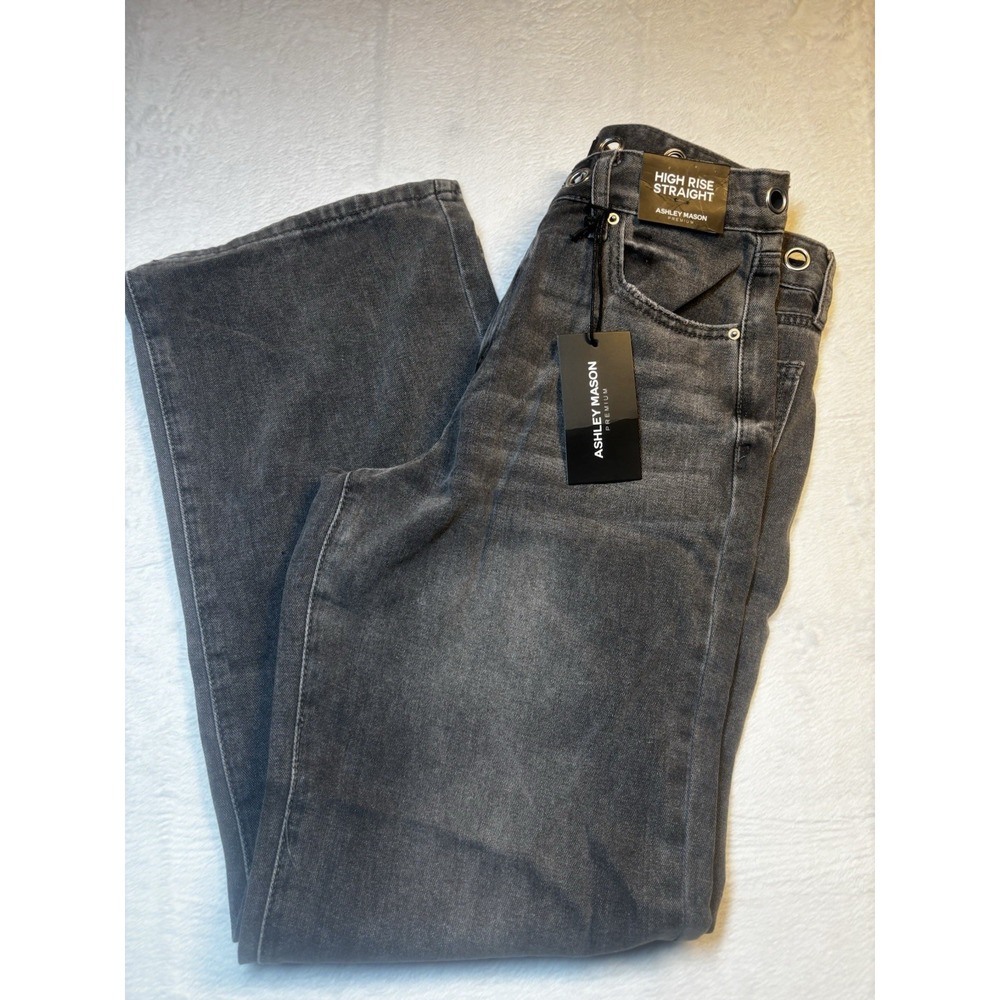 NWT Ashley Mason Premium Jeans Women's Grommets 7/28 Gray High Rise‎ Straight - Picture 16 of 16